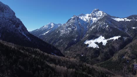 Luftaufnahme-Des-Kiefernwaldes,-Drohnenflug-In-Richtung-Schneebedeckter-Berge-An-Einem-Schönen-Sonnigen-Tag-Mit-Klarem-Blauen-Himmel-In-Österreich