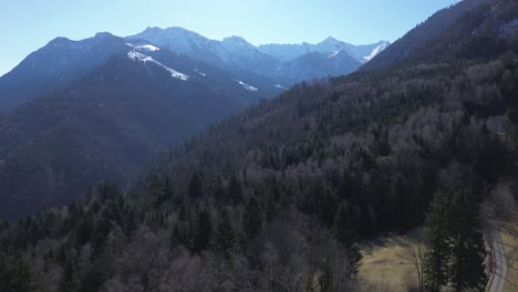 Drones-Vuelan-A-Lo-Largo-De-Una-Carretera-De-Montaña-Sobre-Un-Bosque-De-Pinos-Con-Una-Cumbre-Cubierta-De-Nieve-En-El-Fondo