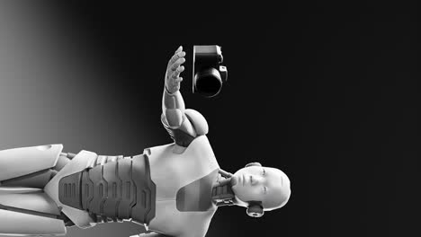 Prototipo-De-Robot-Cibernético-Humanoide-Que-Sostiene-Una-Cámara-Digital-De-Fotografía,-Inteligencia-Artificial-En-El-Campo-Artístico-Del-Arte-Animación-De-Renderizado-3d-Vertical-En-Fondo-Gris-Negro