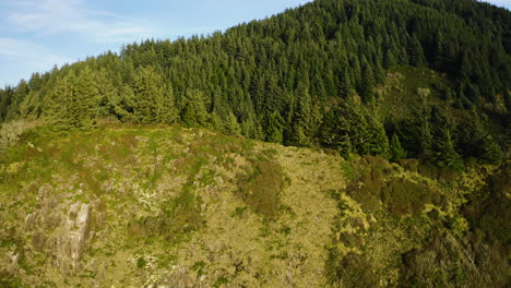 Aerial-view-over-forested-hills-on-Oregon-Coast,-hiker-parking-lot-in-valley-below