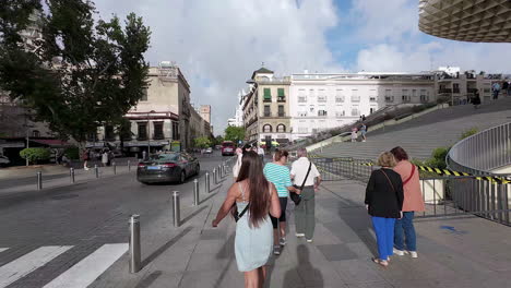 Beautiful-young-woman-walking-Setas-in-Seville-Spain-slow-motion