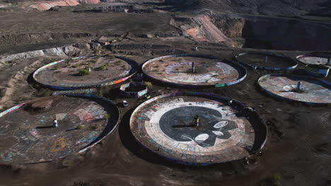 Drone-Shot-of-Three-Kids-Mine,-Abandoned-Open-Pit-and-Thickeners-in-Nevada-Desert-Near-Henderson-USA