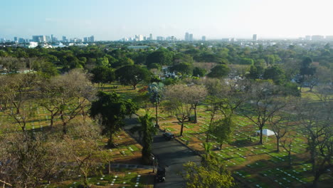 Vista-Aérea-Sobre-árboles-Deshojados-Y-Tumbas-En-El-Parque-Conmemorativo-De-Manila,-Filipinas