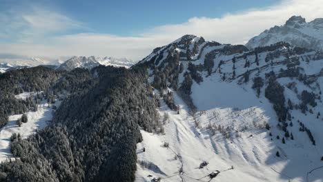 Aerial-pan-across-snow-covered-alpine-forest-with-strong-sunlight-causing-ridges-to-cast-long-shadows
