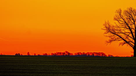 Colorful-dusk-or-dawn-sky-with-dark-orange-color,-static-timelapse-shot-over-farmland-fields