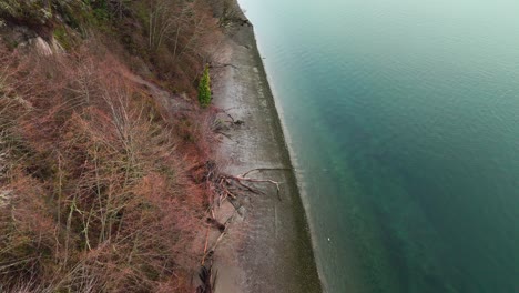 Backwards-drone-shot-of-calm-blue-waters-and-tree-tops-on-shore-in-Wollochet-Bay-in-Gig-Harbor,-Washington-State