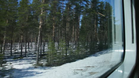 Snowy-forest-view-from-train-traveling-from-Vuokatti-to-Rovaniemi-in-Finland,-daylight