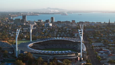 AERIAL-Kardinia-Park-and-GMHBA-Stadium,-Geelong-Australia-Early-Morning