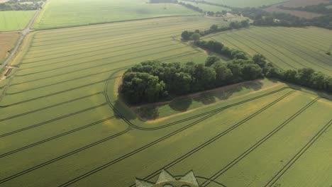 Intricate-crop-circle-design-in-farm-land,-high-angle-aerial-pullback-view