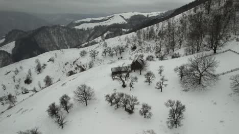 Isolated-cabin-in-the-snowy-Cindrel-Mountains,-with-barren-trees-and-undulating-hills,-under-overcast-skies,-aerial-shot