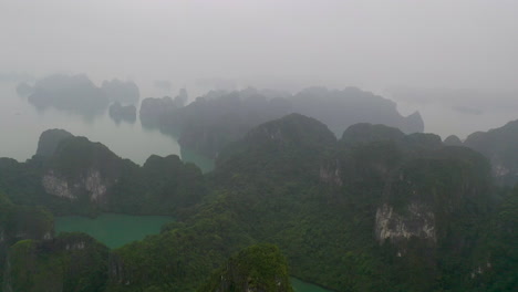 Aerial-view-of-scenic-Ha-Long-Bay-on-a-rainy,-overcast-day-in-Vietnam