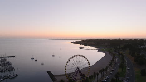 AERIAL-Early-Morning-Dawn-Light-Over-Geelong,-Australia