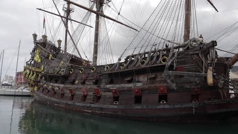 Panning-clip-of-old-wooden-pirate-ship-with-3-masts