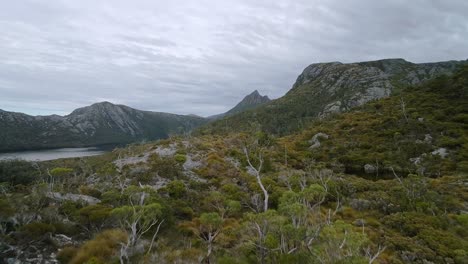 Forward-drone-shot-of-Cradle-mountain-in-Tasmania,-Australia
