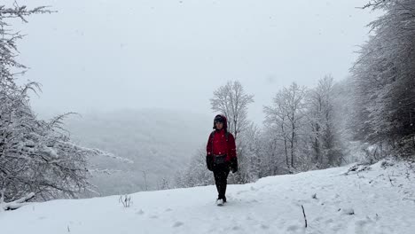 Una-Mujer-Está-Caminando-Sobre-La-Nieve-Fuertes-Nevadas-En-El-Paisaje-Forestal-Maravillosa-Montaña-Montaña-Nieve-Invernal-En-El-Campo-Rasht-Aldea-Rural-Gente-Local-Vida-Agricultura-Carretera-Actividad-De-Aventura-Escénica