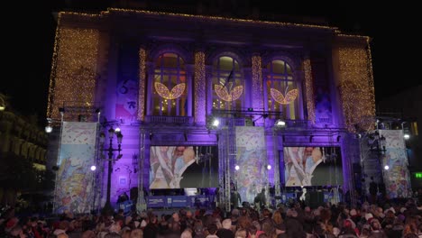 Winter-Opera-House-at-Comedy-Square-in-Montpellier,-Decorated-with-Garland-and-a-Giant-Stage-for-the-Free-Transportation-Event