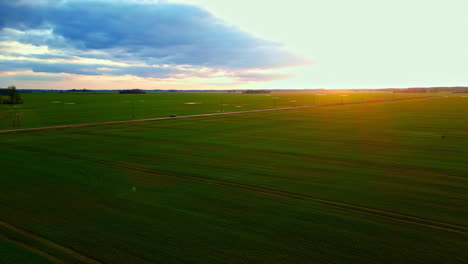 Aerial-drone-forward-moving-shot-over-green-farmlands-with-sun-rising-in-the-background-during-morning-time