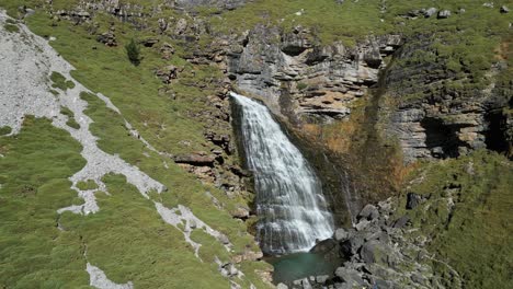 Waterfall-in-Ordesa-and-Monte-Perdido-National-Park,-Pyrenees,-North-Spain---Aerial-4k-Circling