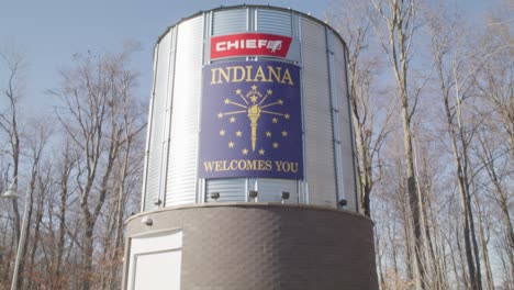 Indiana-Welcomes-You-on-the-side-of-a-grain-storage-unit-at-an-Indiana-state-rest-area-with-video-tilting-down-close-up