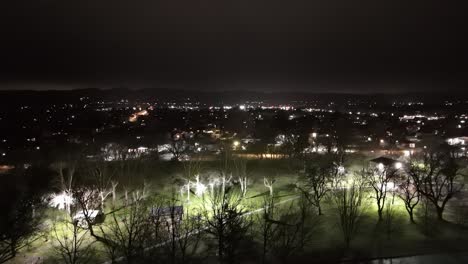 Drohne-Schwebt-Nachts-In-Der-Nähe-Des-Grünen-Stadtparks,-Während-Ein-Auto-Vorbeifährt