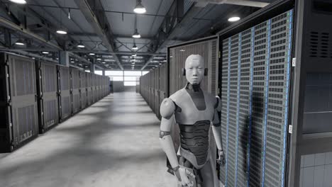 Cyborg-Humanoid-Im-Server-Internet-Hi-Tech-Raum,-Konzept-Zur-Geburt,-Künstliche-Intelligenz-übernimmt-In-3D-Rendering-Animation,-Cybersicherheit,-Kriegsspion-Prototyp