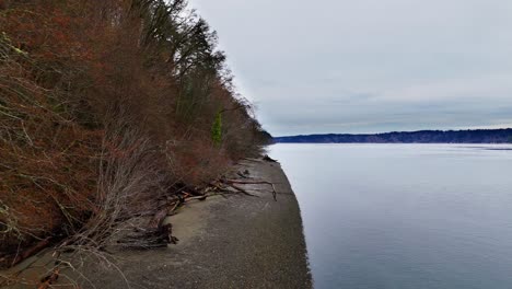 Soothing-forward-shot-of-shore-and-ocean-in-Wollochet-Bay-in-Gig-Harbor,-Washington-State