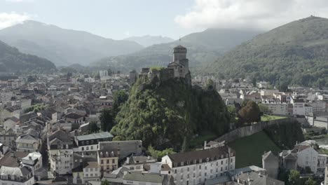 Chateau-fort-de-Lourdes-castle-perched-on-rock,-Hautes-Pyrenees-in-France