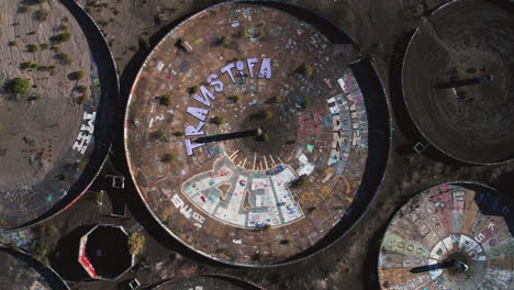 Top-Down-Aerial-View-of-Circular-Thickeners-of-Abandoned-Three-Kids-Manganese-Mine-in-Desert-of-Nevada-USA