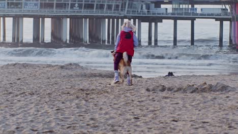 a-woman-dog-handler-trains-and-walks-with-her-pet-animal-shepherd-dog-on-the-beach,-slowmotion-cinematic-style