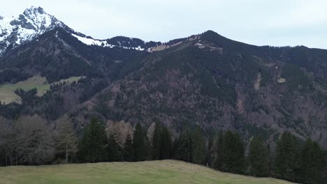 Vista-Aérea-De-Drones-Volando-Hacia-La-Cruz-De-La-Cumbre-En-Los-Alpes-Austriacos-Con-Bosques-De-Pinos-Y-Montañas-Cubiertas-De-Nieve-En-El-Fondo-En-Un-Día-Nublado