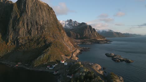 Coastal-aerial-view-of-Lofoten-Islands-in-Norway-with-mountain-and-ocean