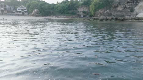 Toma-Panorámica-De-ángulo-Bajo-De-Agua-Contaminada-Llena-De-Basura-Plástica-Y-Arrecife-De-Coral-Muerto-En-Las-Aguas-Tropicales-Turquesas-De-Bali,-Indonesia