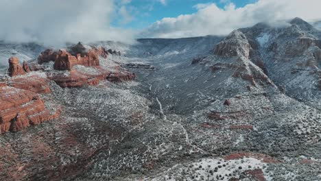 Red-Rocks-Under-Winter-Snow-In-Sedona,-Arizona---Drone-Shot