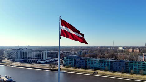 Riga,-the-capital-of-Latvia,-is-a-common-place-to-see-the-Latvian-flag-flying
