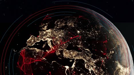 planet-earth-spinning-view-from-empty-dark-space-NASA-satellite-with-network-connection-speed-data-internet-between-smart-city-modern-metropolitan-capital-animation-Europe-from-space