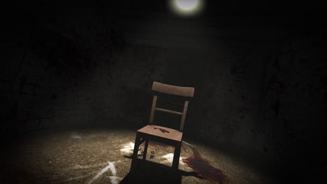 High-quality,-slow-descending-shot-of-a-sinister-interrogation-torture-chamber,-with-dark-creepy-grungy-walls,-blood-on-the-floor-and-a-single-chair-in-a-spotlight,-with-a-pair-of-bloody-pliers