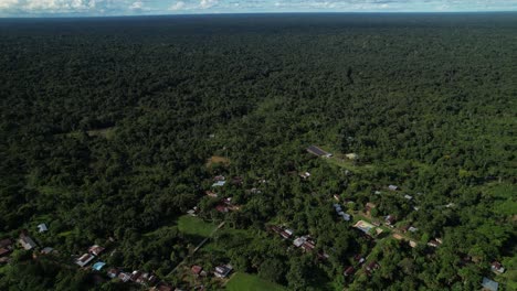 Aerial-shot-of-village-near-the-banks-of-the-Amazon-river-in-Colombia