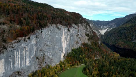 Aerial-view-of-a-steep-cliff-face,-with-a-winding-river-and-a-dense-forest-visible-in-the-background