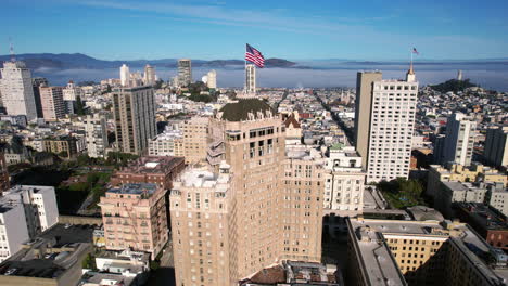 San-Francisco-CA-USA,-Aerial-View-of-InterContinental-Mark-Hopkins-Hotel-on-Nob-Hill,-Drone-Shot