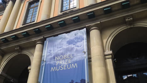 Nobel-Prize-Museum-Building-Exterior,-Old-Town-Stockholm,-Sweden,-Close-Up