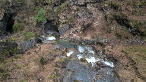 Water-flows-cascading-down-shallow-river-stream-between-thick-boulders-in-mossy-clearing