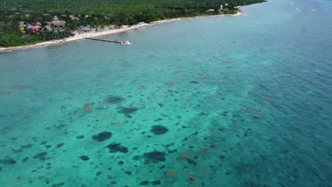 Cozumel-coastline-with-clear-turquoise-waters,-boats,-and-tropical-foliage,-aerial-view