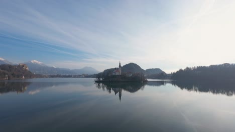 Static-shot-of-Bled-lake-with-Bled-church-on-it-in-Slovenia