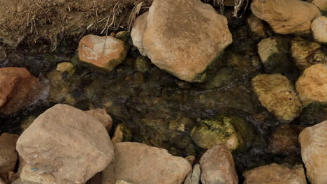 Corriente-Clara-Que-Fluye-Sobre-Rocas-En-El-Oasis-De-Sbeitla,-Luz-Del-Sol-Reflejándose-En-La-Superficie-Del-Agua,-Escena-Natural-Tranquila