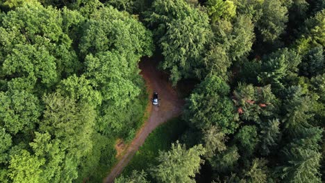 Aerial:-Discover-a-car-in-a-forrest-in-a-rural-region-in-Saarland,-Germany