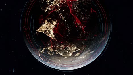 planet-earth-spinning-view-from-empty-dark-space-NASA-satellite-with-network-connection-speed-data-internet-between-smart-city-modern-metropolitan-capital-animation