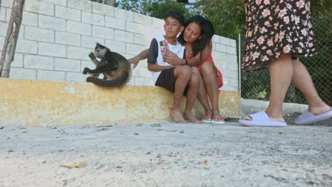 Mexican-Family-sit-directly-next-to-spider-monkey-and-take-photos-on-paved-sidewalk