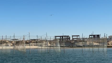 Traditional-ancient-fishing-net-in-coastal-beach-sea-side-local-people-marine-landscape-fisherman-fishing-hunting-travel-tourism-attraction-wide-panoramic-view-of-heritage-seafood-material-delicious