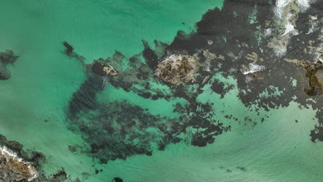 Vista-Aérea-En-Espiral-Que-Muestra-Arena-Bajo-El-Agua-Y-Olas-Rompiendo-En-Las-Rocas-En-Lofoten,-Noruega