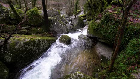 Rocas-Cubiertas-De-Musgo-En-La-Cascada-Del-Río-Barrias,-Felgueiras-Portugal